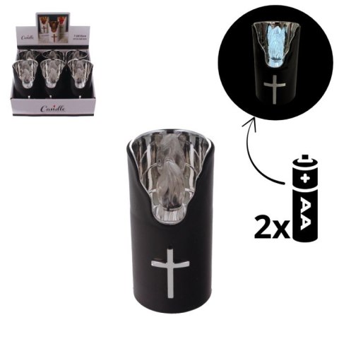 Znicz led czarny na baterie 2AA/ LR6 biały płomień krzyż CHSO117025