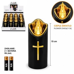 Znicz led czarny z krzyżem na baterie 2AA / LR6 Biały Płomień XXM336