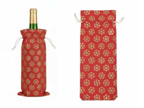 Pokrowiec worek na wino ŚNIEŻYNKI 40 x 14 cm CZERWONO-ZŁOTY SES-50510