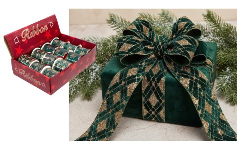 Taśma wstążka ozdobna welur złoty wzór ZIELONA 274 x 6,3 cm mix romby śnieżynki TE-2386
