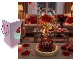 Wieczna róża led czerwono złota na drewnianym podstawku z sercem i confetti 21 x 11 cm VAF-2406