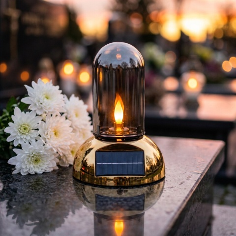 Świeca, lampion SOLARNY VELORA szklana tuba, plastikowa ZŁOTA podstawa 22x16x16 cm SL-C1S-G